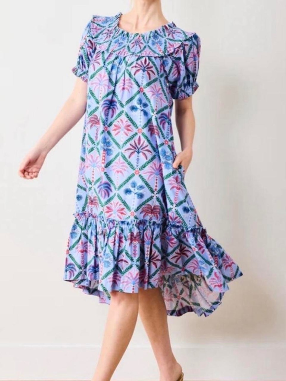Printfresh midi dress pockets purple organic cotton palm tree print size large